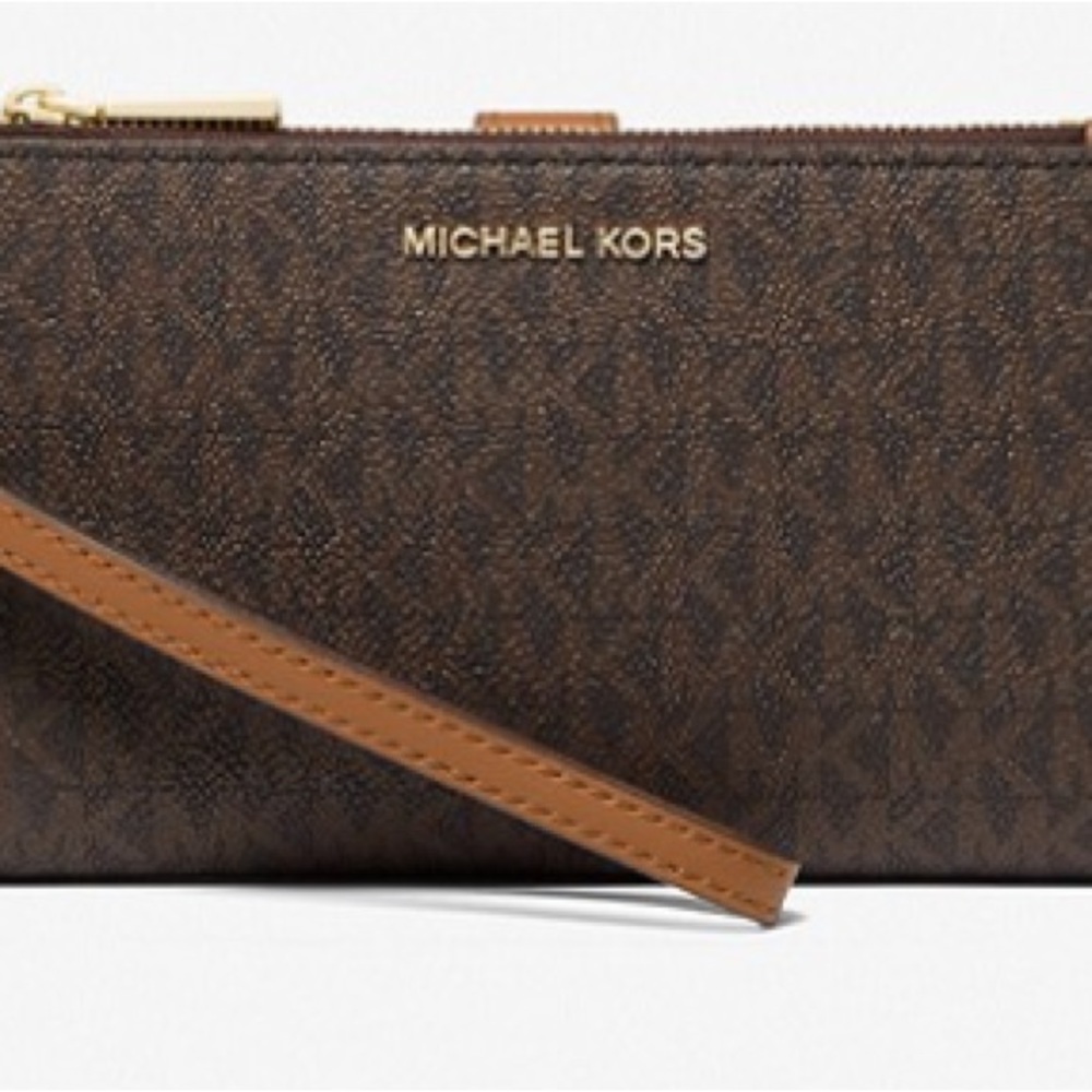 Michael Kors brown double-zipped monogram bifold wristlet wallet-NWT